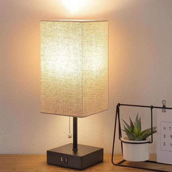 Latitude Run® Bedside Table Lamp, Pull Chain Table Lamp With 2 USB